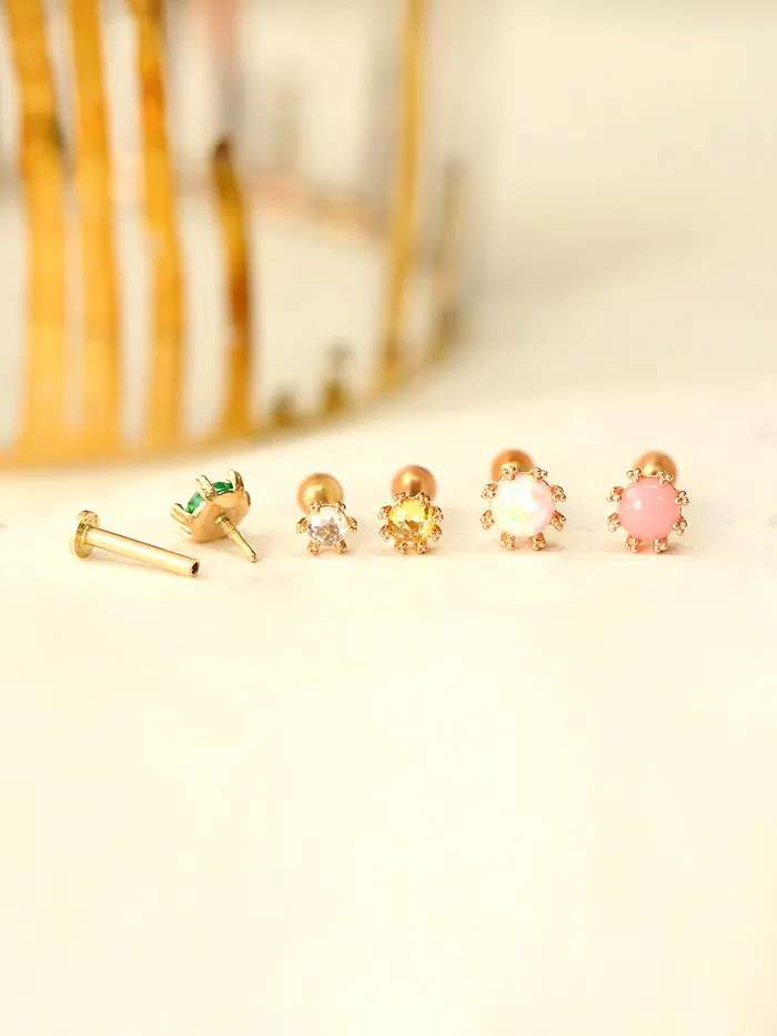 MinimalBijoux Earrings 14K Gold Triangle Ball prong Rosecut Internally Threaded Labret Piercing 18G16G