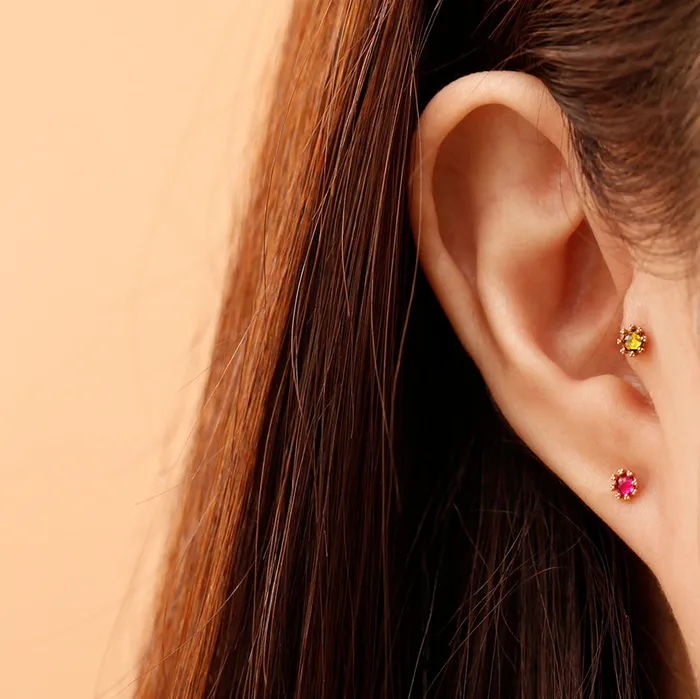 MinimalBijoux Earrings 14K Gold Triangle Ball prong Rosecut Internally Threaded Labret Piercing 18G16G