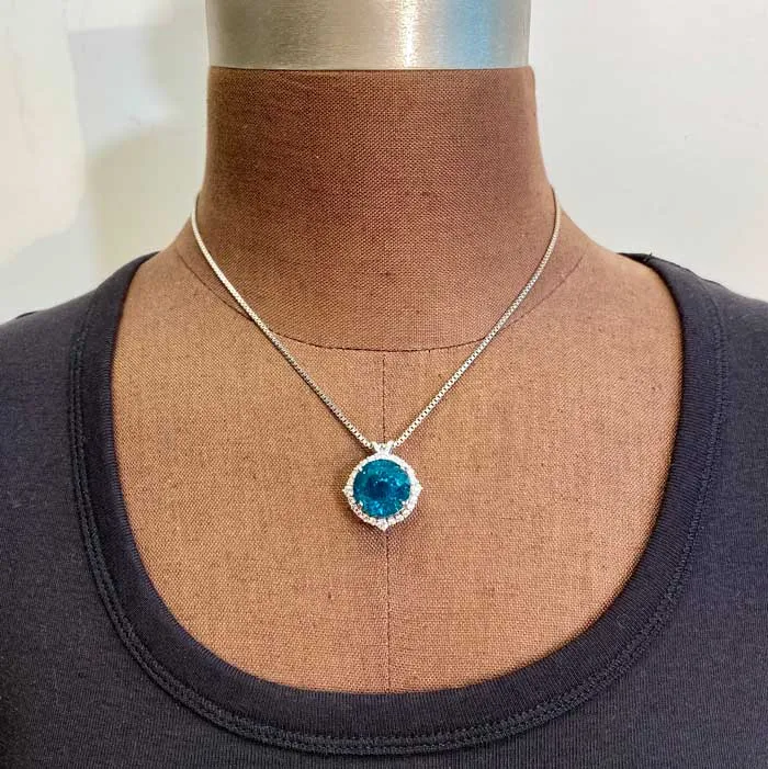 Moriartys Gem Art Necklaces 14K White Gold Portuguese Round Brilliant Apatite and Diamond Pendant by Steve Moriarty 2330 Carats