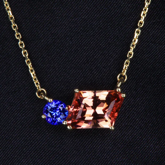 Moriartys Gem Art Necklaces 14K Yellow Gold Paralellogram Tourmaline and Tanzanite Pendant 423 Carats Moriartys Gem Art Necklaces 14K Yellow Gold Paralellogram Tourmaline and Tanzanite Pendant 423 Carats