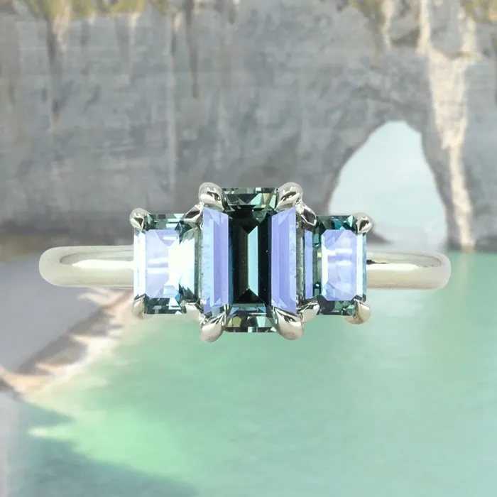 PAUL COCA Rings 095ct Madagascar Emerald Cut and 067ctw Montana Sapphire Three Stone Low Profile Ring in 14k Green Gold PAUL COCA Rings 095ct Madagascar Emerald Cut and 067ctw Montana Sapphire Three Stone Low Profile Ring in 14k Green Gold