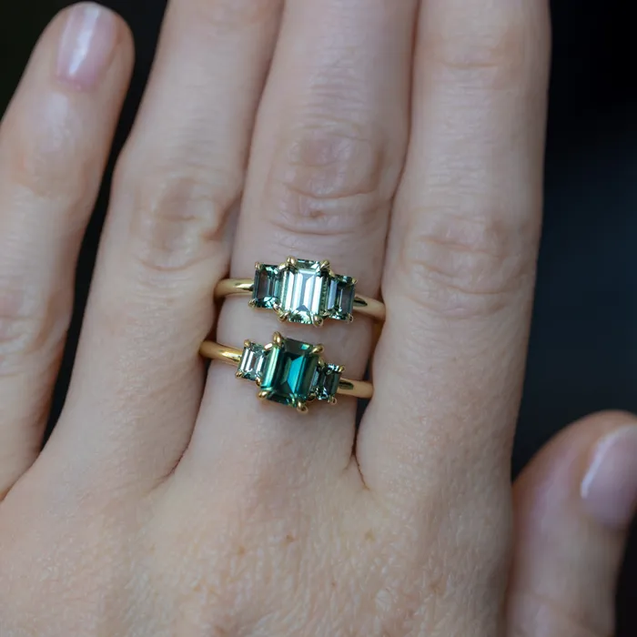 PAUL COCA Rings 095ct Madagascar Emerald Cut and 067ctw Montana Sapphire Three Stone Low Profile Ring in 14k Green Gold