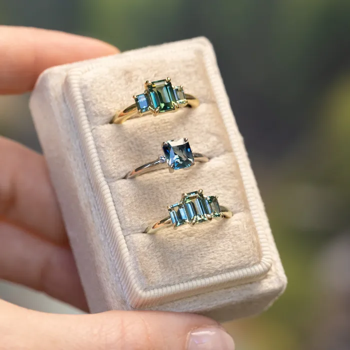 PAUL COCA Rings 095ct Madagascar Emerald Cut and 067ctw Montana Sapphire Three Stone Low Profile Ring in 14k Green Gold