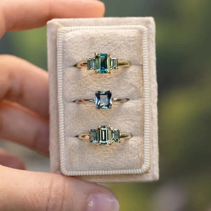 PAUL COCA Rings 095ct Madagascar Emerald Cut and 067ctw Montana Sapphire Three Stone Low Profile Ring in 14k Green Gold