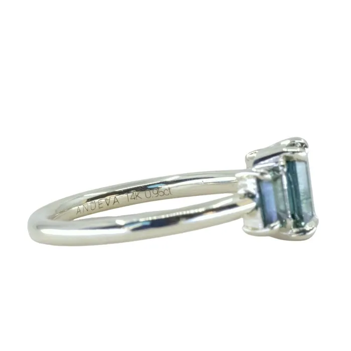 PAUL COCA Rings 095ct Madagascar Emerald Cut and 067ctw Montana Sapphire Three Stone Low Profile Ring in 14k Green Gold