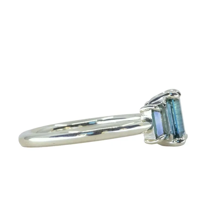 PAUL COCA Rings 095ct Madagascar Emerald Cut and 067ctw Montana Sapphire Three Stone Low Profile Ring in 14k Green Gold