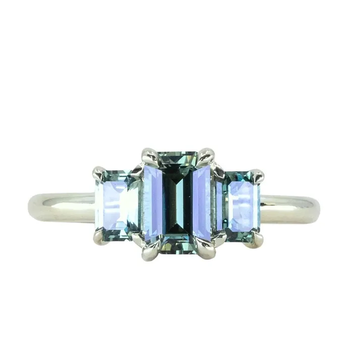 PAUL COCA Rings 095ct Madagascar Emerald Cut and 067ctw Montana Sapphire Three Stone Low Profile Ring in 14k Green Gold