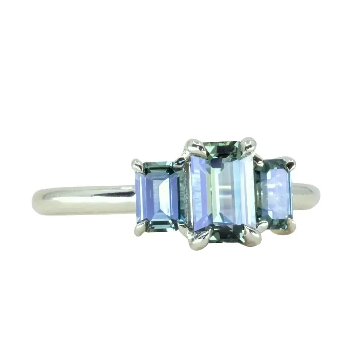 PAUL COCA Rings 095ct Madagascar Emerald Cut and 067ctw Montana Sapphire Three Stone Low Profile Ring in 14k Green Gold