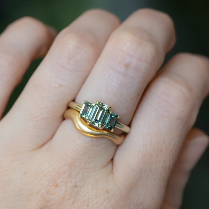 PAUL COCA Rings 095ct Madagascar Emerald Cut and 067ctw Montana Sapphire Three Stone Low Profile Ring in 14k Green Gold