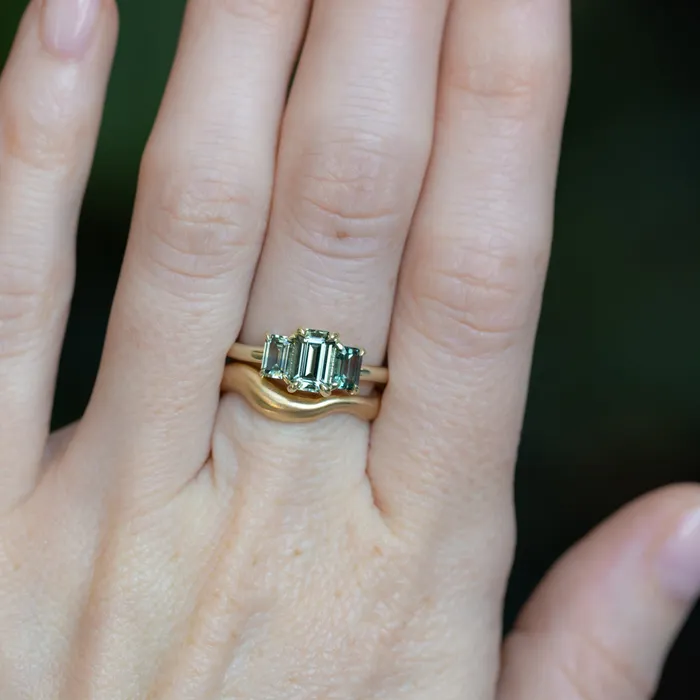 PAUL COCA Rings 095ct Madagascar Emerald Cut and 067ctw Montana Sapphire Three Stone Low Profile Ring in 14k Green Gold
