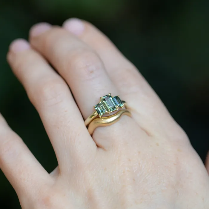 PAUL COCA Rings 095ct Madagascar Emerald Cut and 067ctw Montana Sapphire Three Stone Low Profile Ring in 14k Green Gold