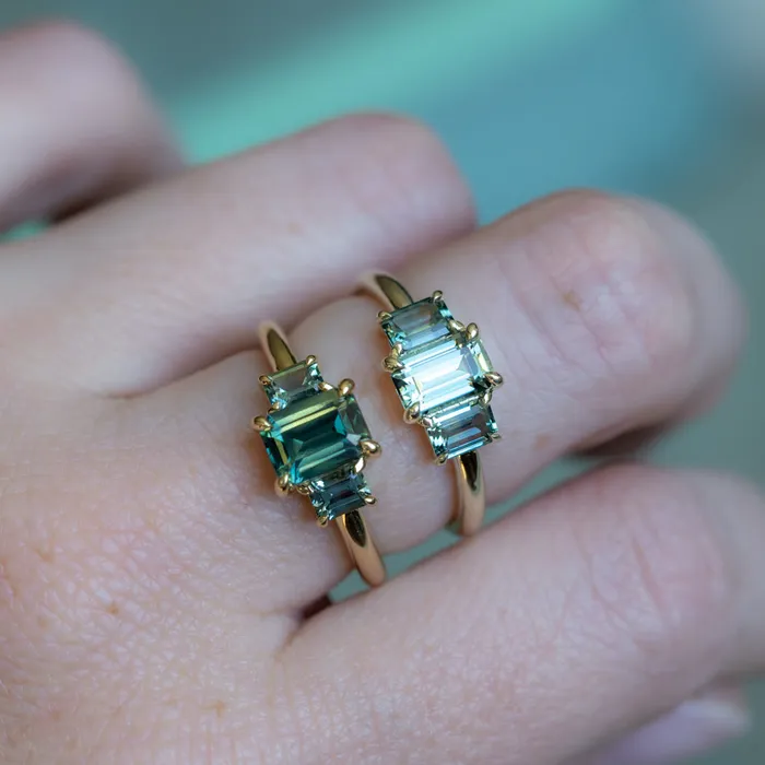 PAUL COCA Rings 095ct Madagascar Emerald Cut and 067ctw Montana Sapphire Three Stone Low Profile Ring in 14k Green Gold