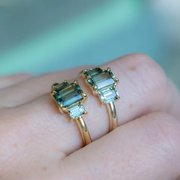 PAUL COCA Rings 095ct Madagascar Emerald Cut and 067ctw Montana Sapphire Three Stone Low Profile Ring in 14k Green Gold