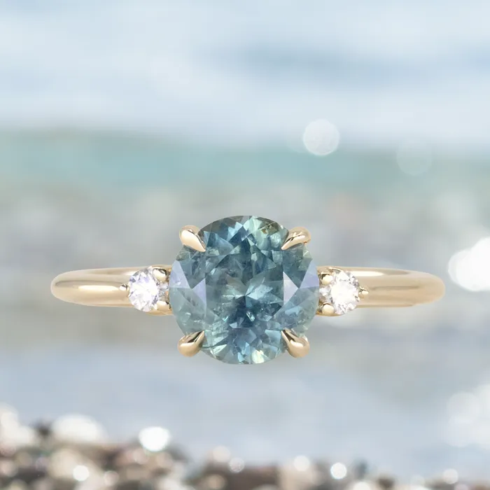 potentate Rings 201ct Round Untreated Montana Sapphire and Diamond Dainty Three Stone Ring in 14k Yellow Gold potentate Rings 201ct Round Untreated Montana Sapphire and Diamond Dainty Three Stone Ring in 14k Yellow Gold