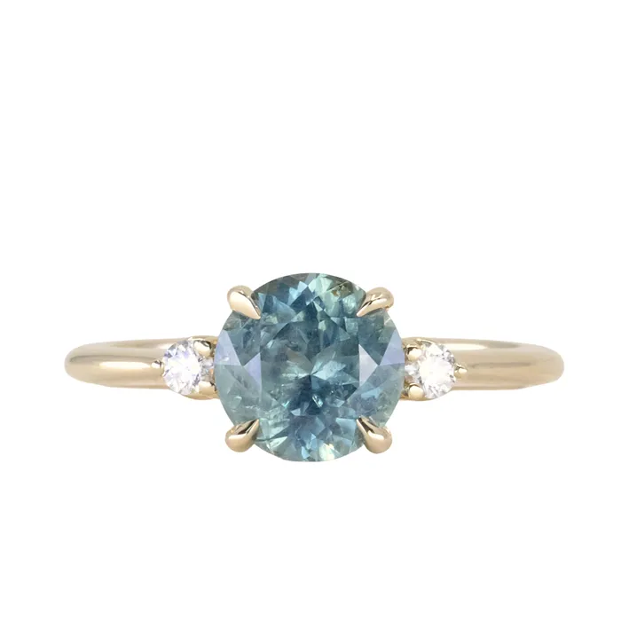 potentate Rings 201ct Round Untreated Montana Sapphire and Diamond Dainty Three Stone Ring in 14k Yellow Gold
