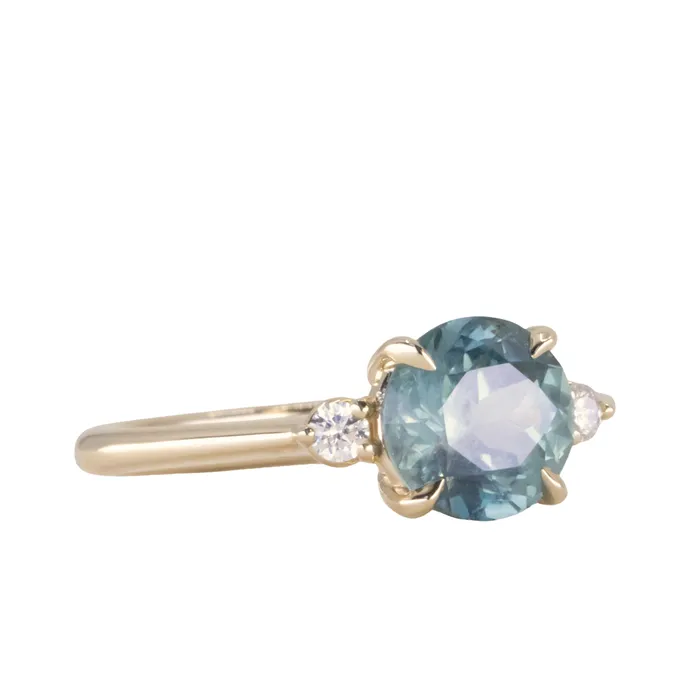 potentate Rings 201ct Round Untreated Montana Sapphire and Diamond Dainty Three Stone Ring in 14k Yellow Gold