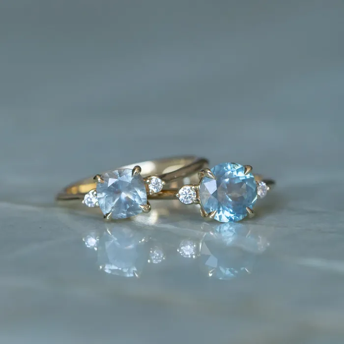 potentate Rings 201ct Round Untreated Montana Sapphire and Diamond Dainty Three Stone Ring in 14k Yellow Gold