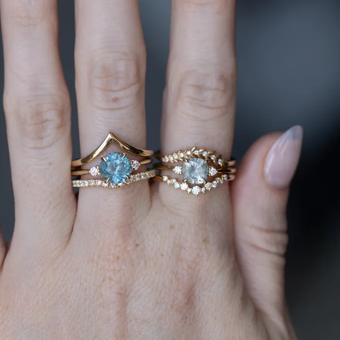 potentate Rings 201ct Round Untreated Montana Sapphire and Diamond Dainty Three Stone Ring in 14k Yellow Gold