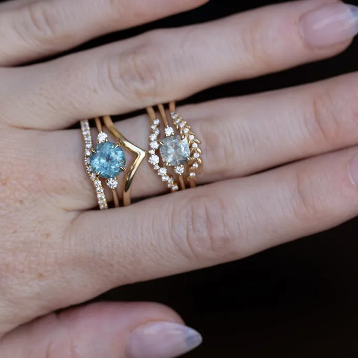 potentate Rings 201ct Round Untreated Montana Sapphire and Diamond Dainty Three Stone Ring in 14k Yellow Gold