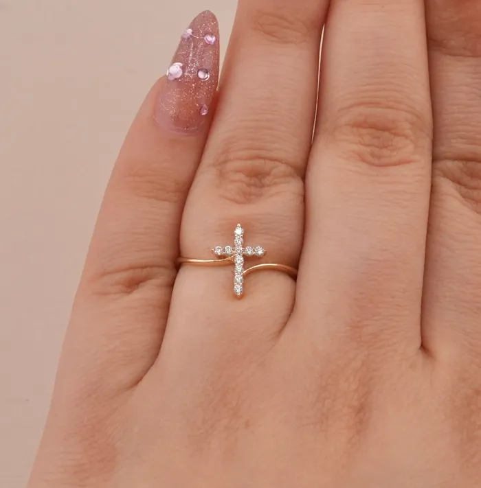 Rings AB and J 14K Gold Small Cross Womens Ring RG3381 Rings AB and J 14K Gold Small Cross Womens Ring RG3381