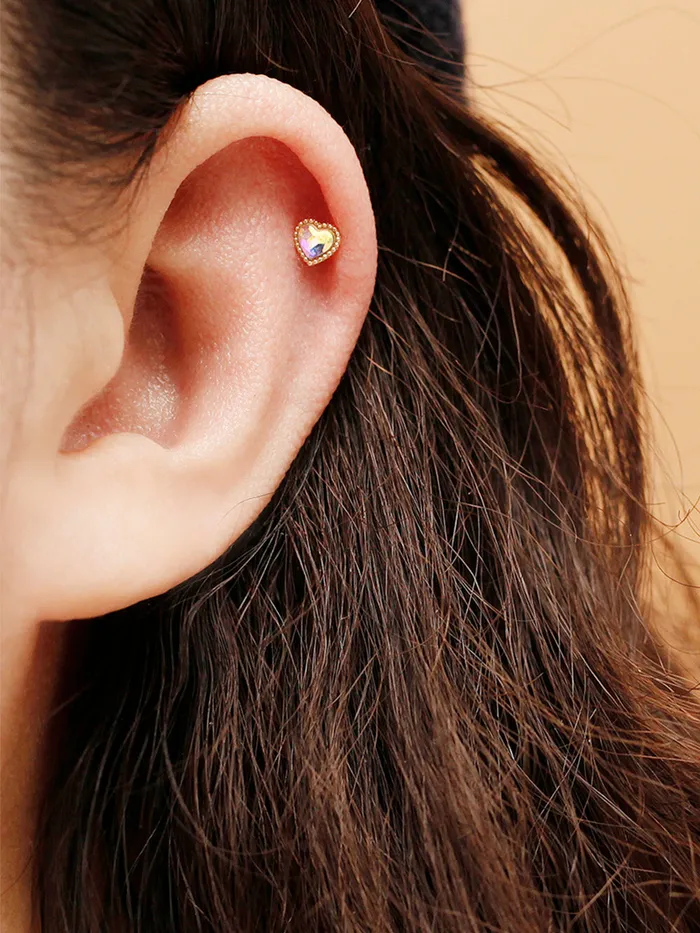 Rings MinimalBijoux 14K Gold Swarovski Stone Heart and Square Internally Threaded Labret Piercing 18G16G