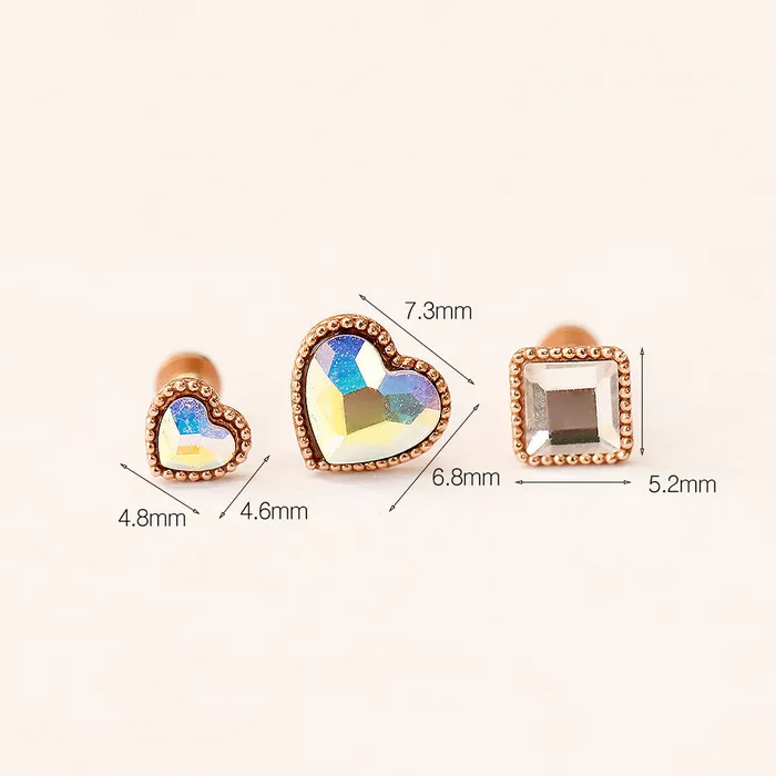 Rings MinimalBijoux 14K Gold Swarovski Stone Heart and Square Internally Threaded Labret Piercing 18G16G