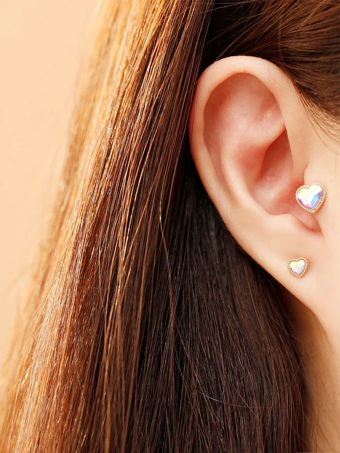 Rings MinimalBijoux 14K Gold Swarovski Stone Heart and Square Internally Threaded Labret Piercing 18G16G
