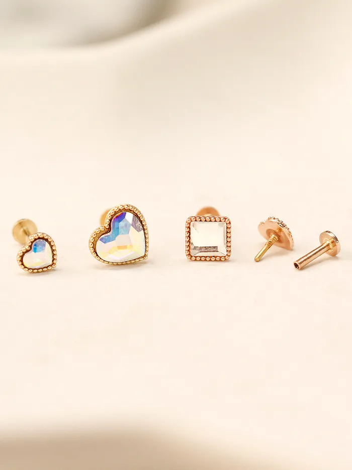 Rings MinimalBijoux 14K Gold Swarovski Stone Heart and Square Internally Threaded Labret Piercing 18G16G