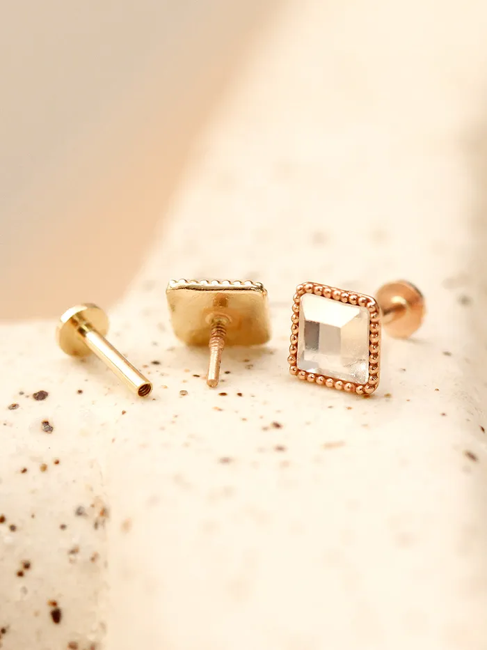 Rings MinimalBijoux 14K Gold Swarovski Stone Heart and Square Internally Threaded Labret Piercing 18G16G