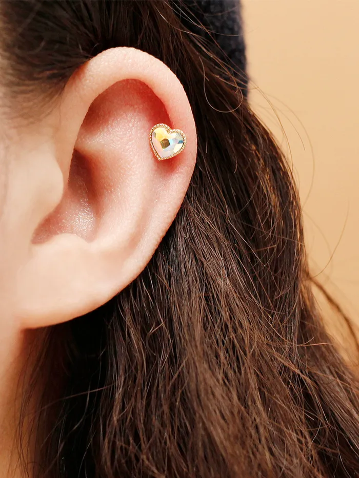 Rings MinimalBijoux 14K Gold Swarovski Stone Heart and Square Internally Threaded Labret Piercing 18G16G