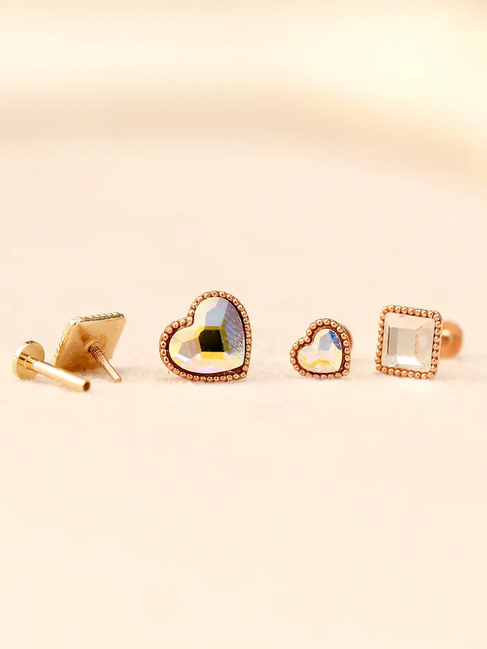 Rings MinimalBijoux 14K Gold Swarovski Stone Heart and Square Internally Threaded Labret Piercing 18G16G