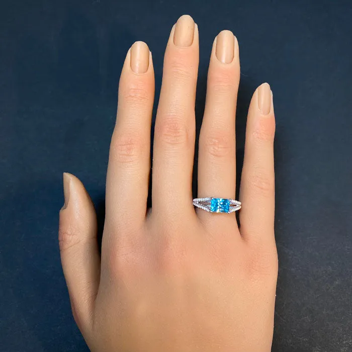 Rings Moriartys Gem Art 14K White Gold Barion Emerald Cut Blue Zircon and Diamond Ring 220 Carats