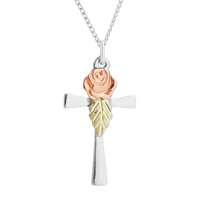 Black Hills Gold Silver Cross With 12K Rose Leaf TR Jewelry Concepts Necklaces Black Hills Gold Silver Cross With 12K Rose Leaf TR Jewelry Concepts Necklaces