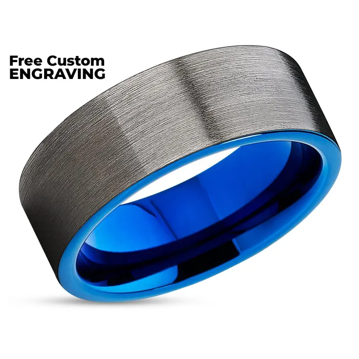 Clean Casting Jewelry Blue Wedding Band Tungsten Wedding Ring Gunmetal Wedding Ring Brush Ring Rings