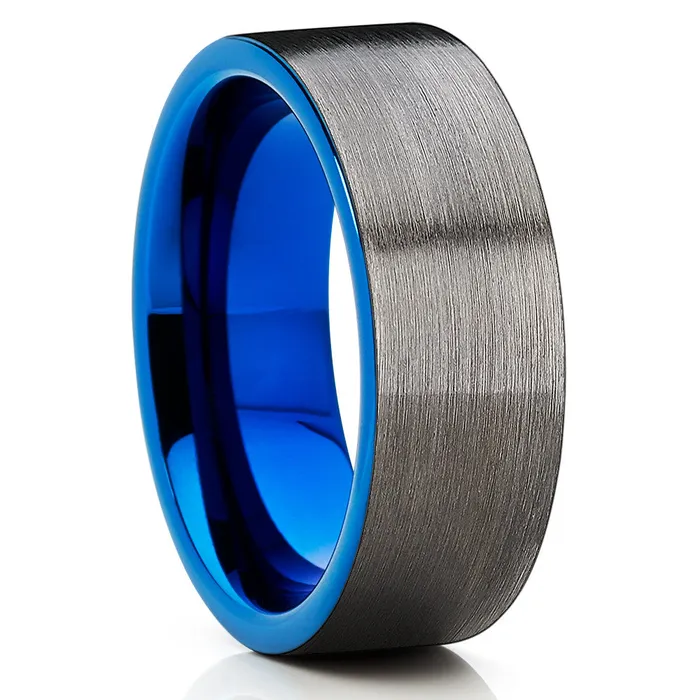 Clean Casting Jewelry Blue Wedding Band Tungsten Wedding Ring Gunmetal Wedding Ring Brush Ring Rings