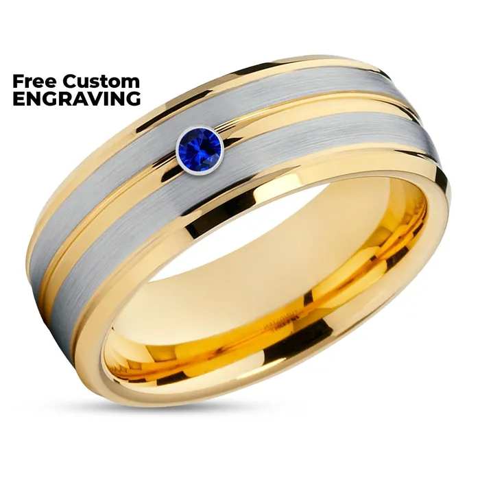 Clean Casting Jewelry Rings Yellow Gold Wedding Ring Tungsten Wedding Ring Blue Sapphire Ring Wedding Ring