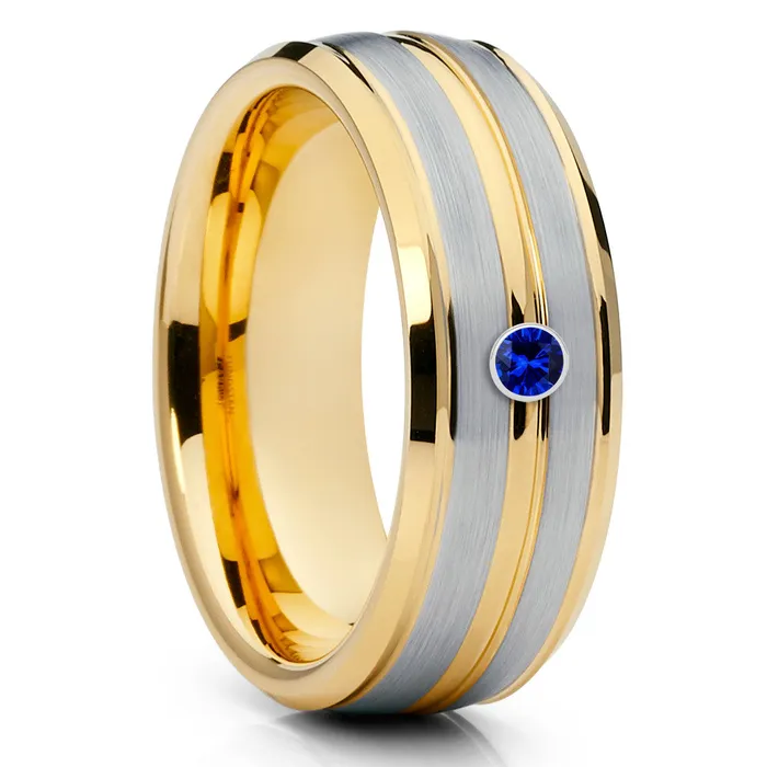 Clean Casting Jewelry Rings Yellow Gold Wedding Ring Tungsten Wedding Ring Blue Sapphire Ring Wedding Ring