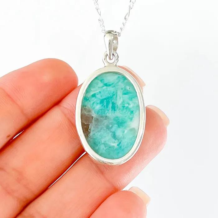 Genuine Blue Amazonite Stone Sterling Silver Pendant Necklace Magic Crystals Necklaces