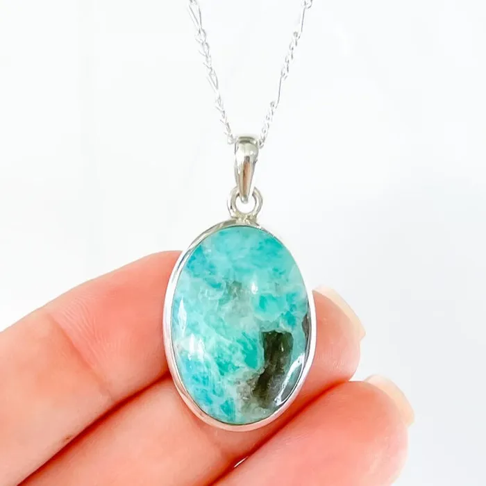 Genuine Blue Amazonite Stone Sterling Silver Pendant Necklace Magic Crystals Necklaces