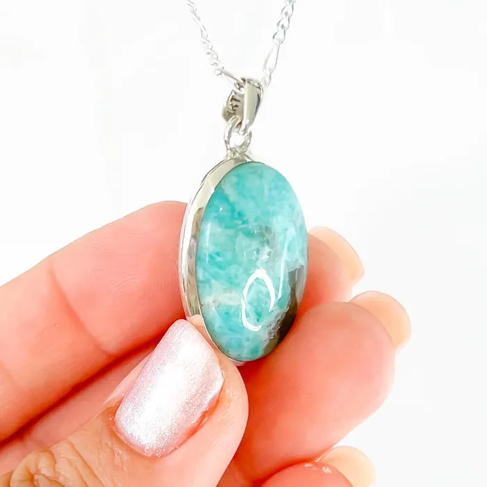 Genuine Blue Amazonite Stone Sterling Silver Pendant Necklace Magic Crystals Necklaces