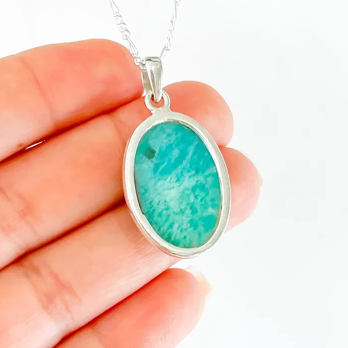 Genuine Blue Amazonite Stone Sterling Silver Pendant Necklace Magic Crystals Necklaces