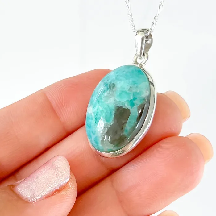 Genuine Blue Amazonite Stone Sterling Silver Pendant Necklace Magic Crystals Necklaces