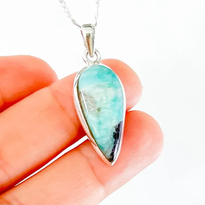 Genuine Blue Amazonite Stone Sterling Silver Pendant Necklace Magic Crystals Necklaces