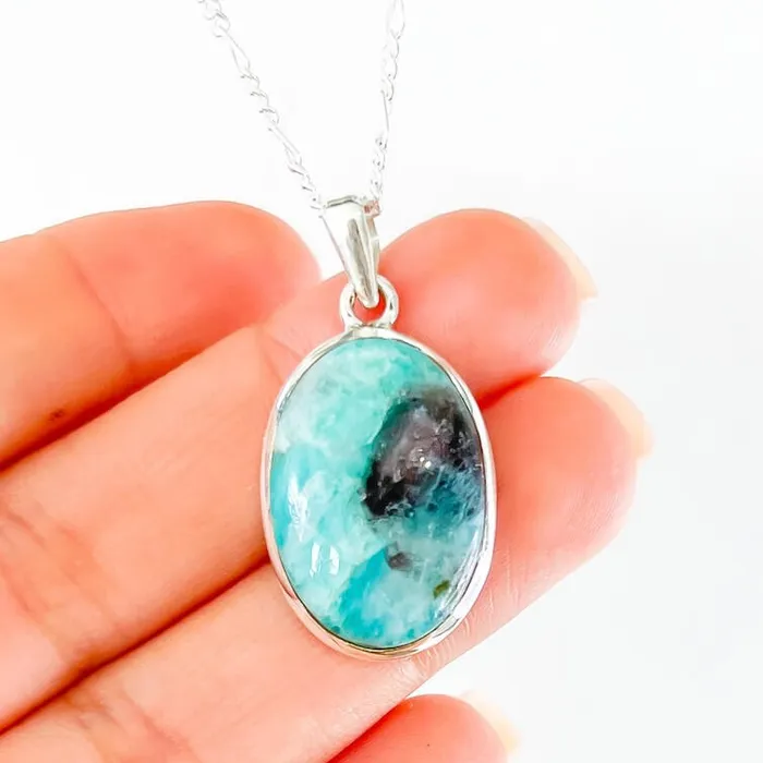 Genuine Blue Amazonite Stone Sterling Silver Pendant Necklace Magic Crystals Necklaces