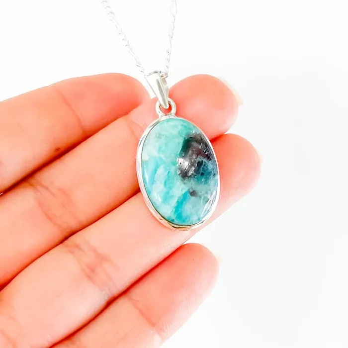 Genuine Blue Amazonite Stone Sterling Silver Pendant Necklace Magic Crystals Necklaces
