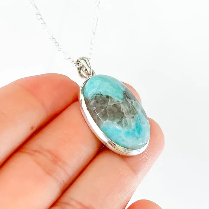 Genuine Blue Amazonite Stone Sterling Silver Pendant Necklace Magic Crystals Necklaces