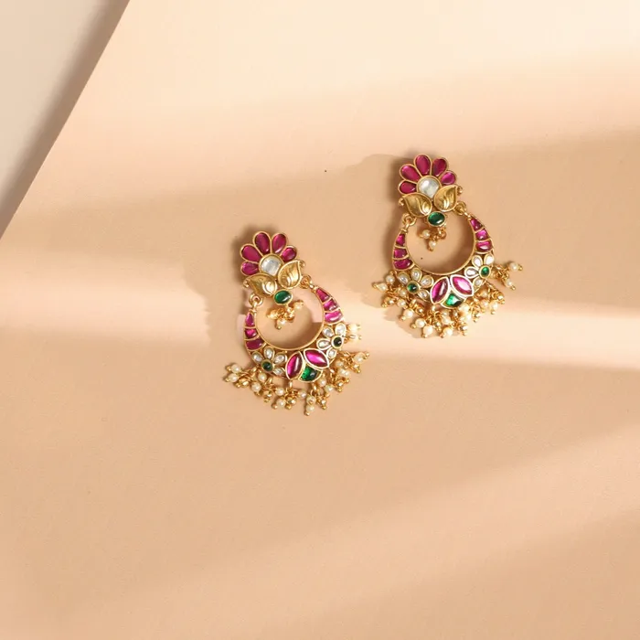 Gulab Kempu Jadau Silver Chandbali Earrings SILVER Earrings