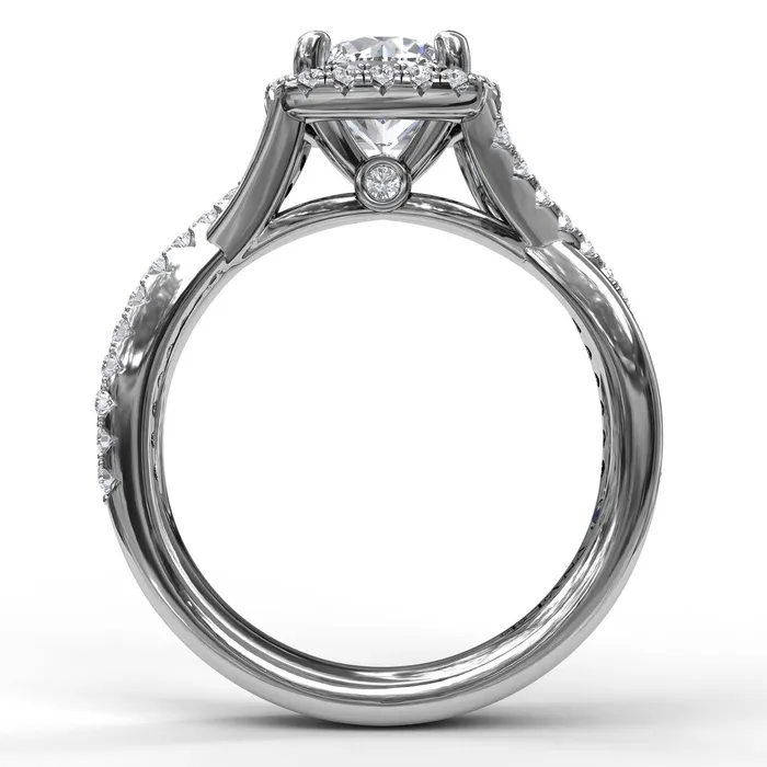 International Diamond Center Rings FANA Cushion Halo With Diamond And Gold Twist Engagement Ring Setting