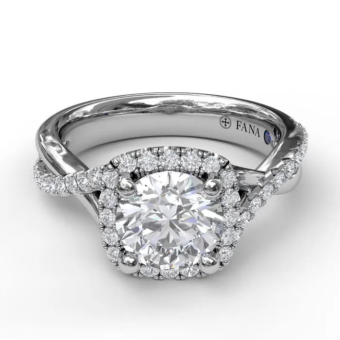 International Diamond Center Rings FANA Cushion Halo With Diamond And Gold Twist Engagement Ring Setting