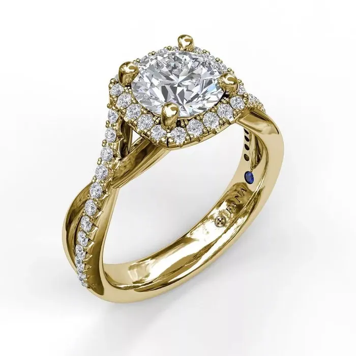 International Diamond Center Rings FANA Cushion Halo With Diamond And Gold Twist Engagement Ring Setting
